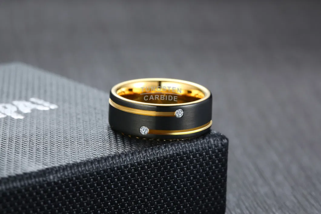 Wholesale European and American New Men&prime; S Tungsten Gold Ring High-End Slotted Electric IP Gold Lasha Inlaid Zircon Tungsten Steel Ring for Men Tst4195